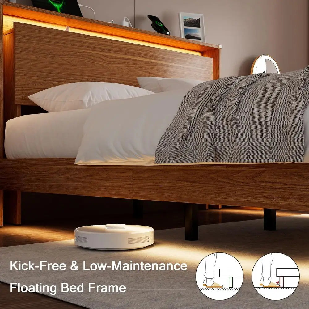 Bed Frame Queen Size with LED Lights amp Charging Station Kids Wood Floating Queen Bed Frame with Storage Headboard, Adhesive S