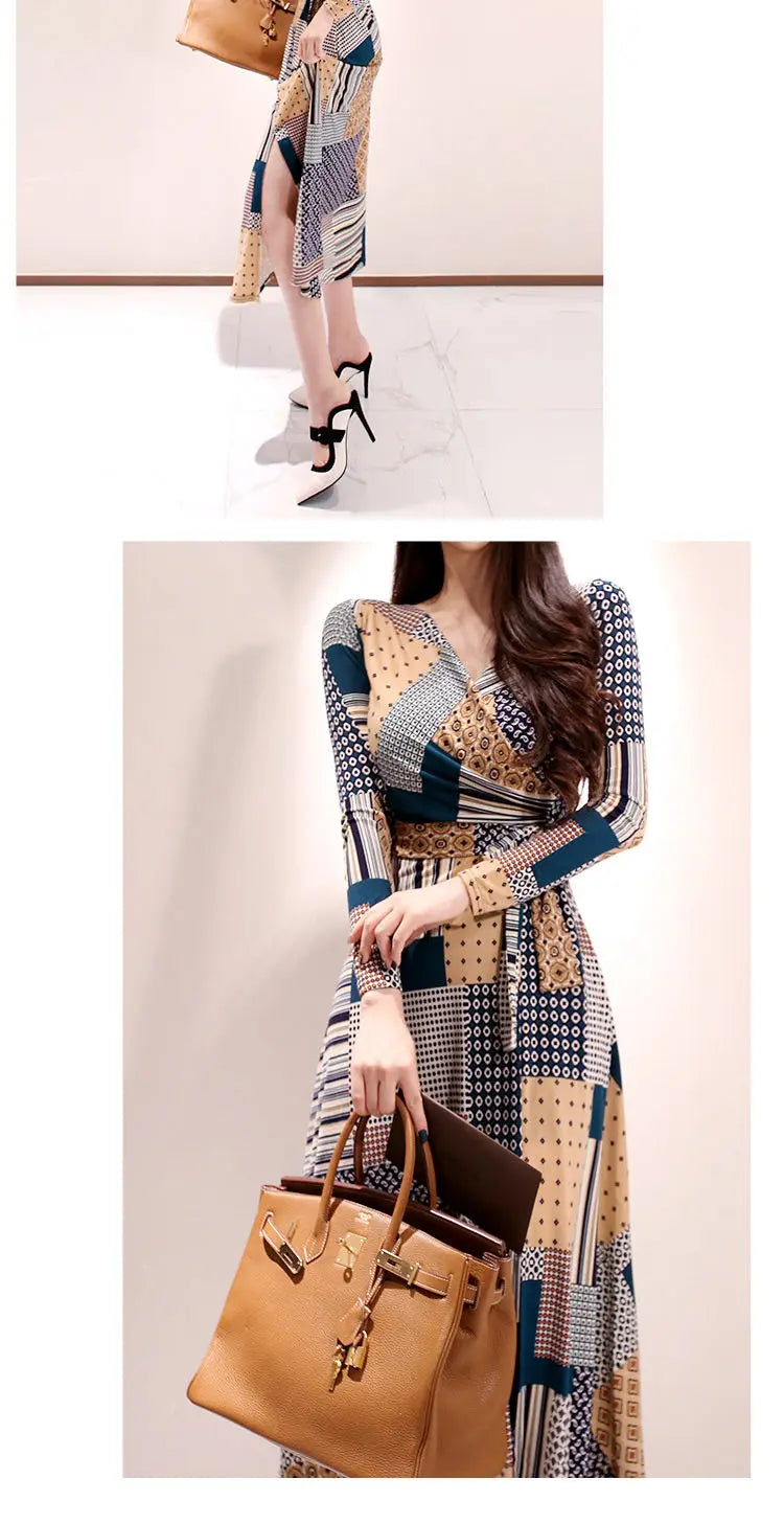 Vintage Print V-neck Lace-Up Maxi Dress | Korean Slim Long Sleeve.