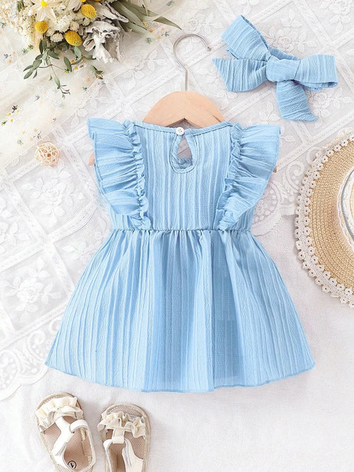 Baby Girl Summer Blue Dress With Bow And Ruffled Edges For 0-3 Year Olds Adorable Cute Style Outfit