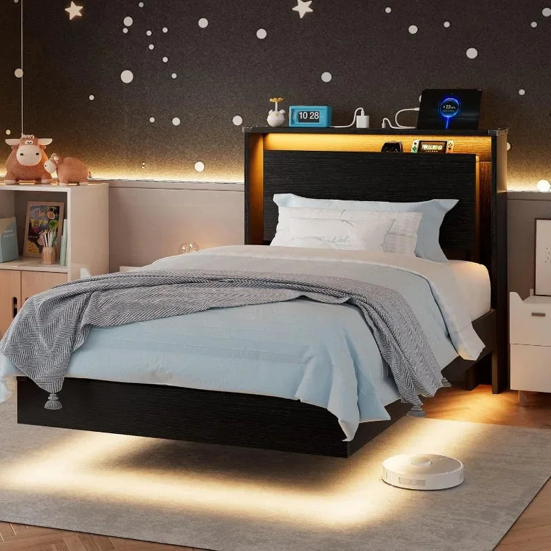Einhomn King Size Bed Frame with LED Lights & Charging Station – Wood Floating Bed Frame with Storage Headboard, Adhesive Slats