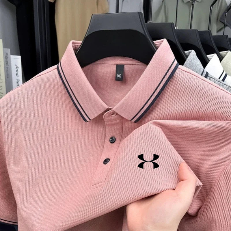 Men's Casual Short Sleeve Polo Shirt - 100% Cotton Striped Top