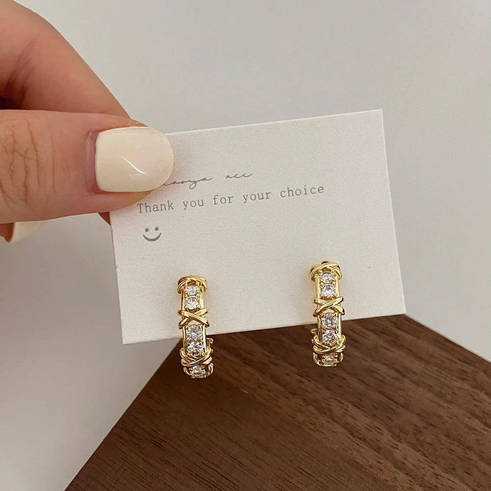 Vintage Cc Design Stud Earrings For Women'S Korean Fashion X Cross Zircon Earring Engagement Jewelry Gifts