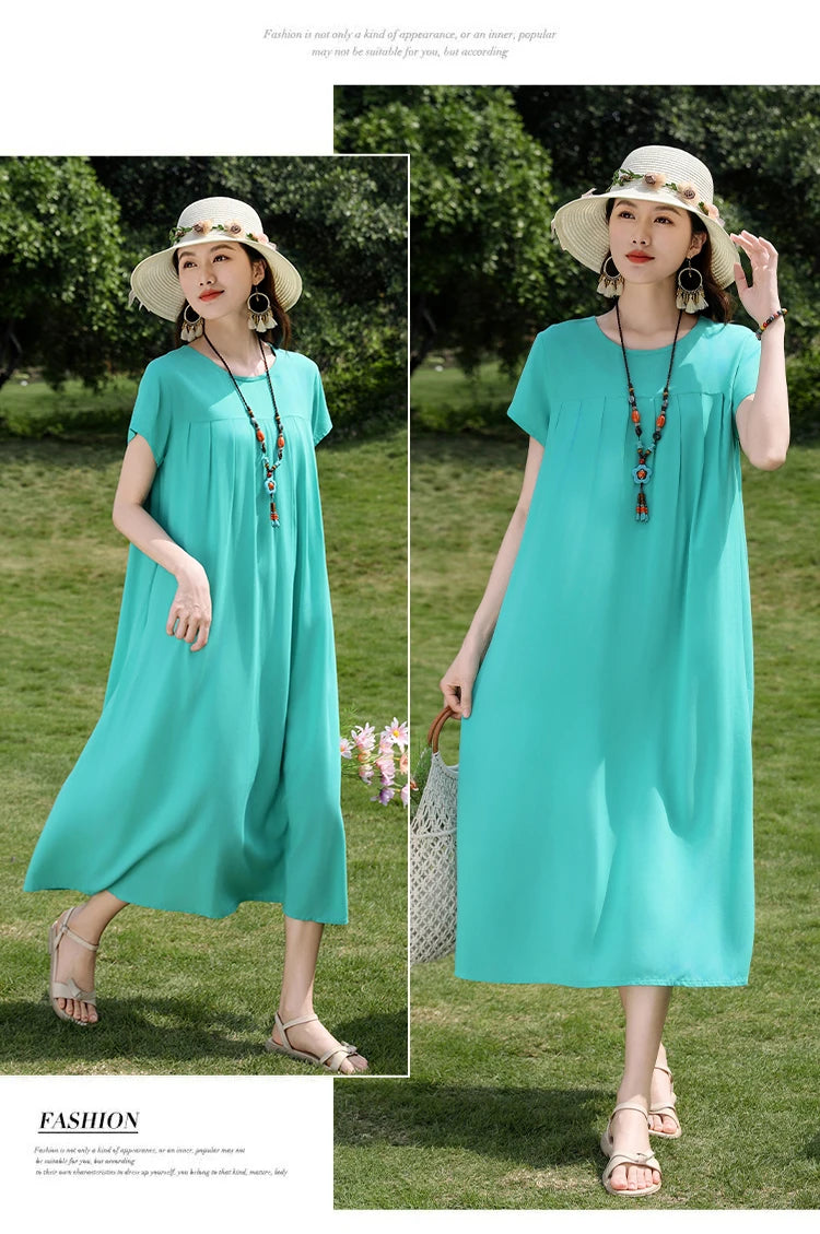 New Fashion Casual 2025 Summer Elegant Dresses For Women O-Neck Print Vintage Short Sleeve Dress Loose Women Clothing