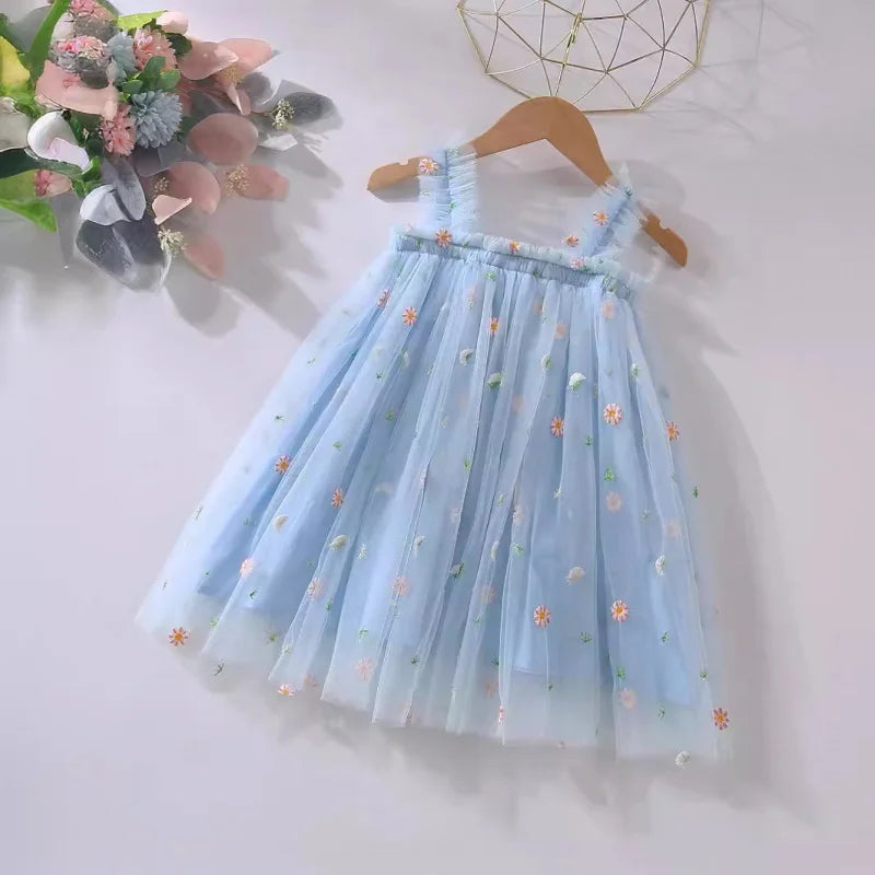 Girls' Summer Dress New Style Children's Baby Girl Fashionable Summer Thin Strap Princess Mesh Dress