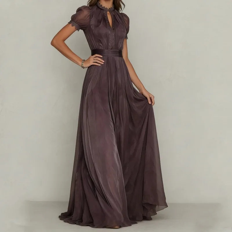 Elegant Chiffon Lace Trim Midi Dress Stand Collar Neck Puff Sleeve Cinched Waist Draped A Line Flowy Women's Casual Dresses