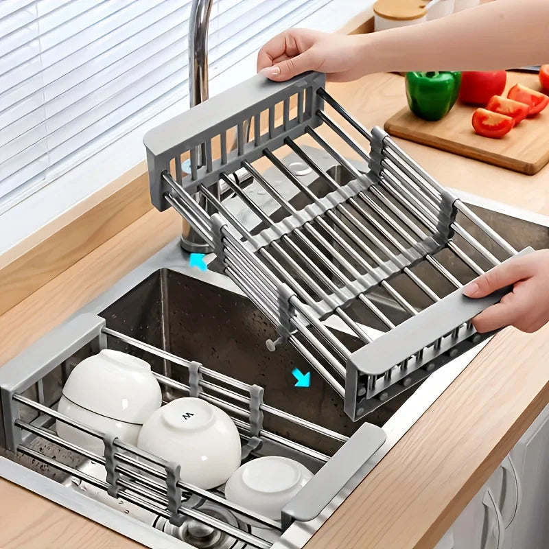 Fregadero de Cocina Escurridor de Acero Inoxidable Escurridor Extensible para Platos Cesta de Drenaje para Lavar Frutas y Verduras Estante de Almacenamiento