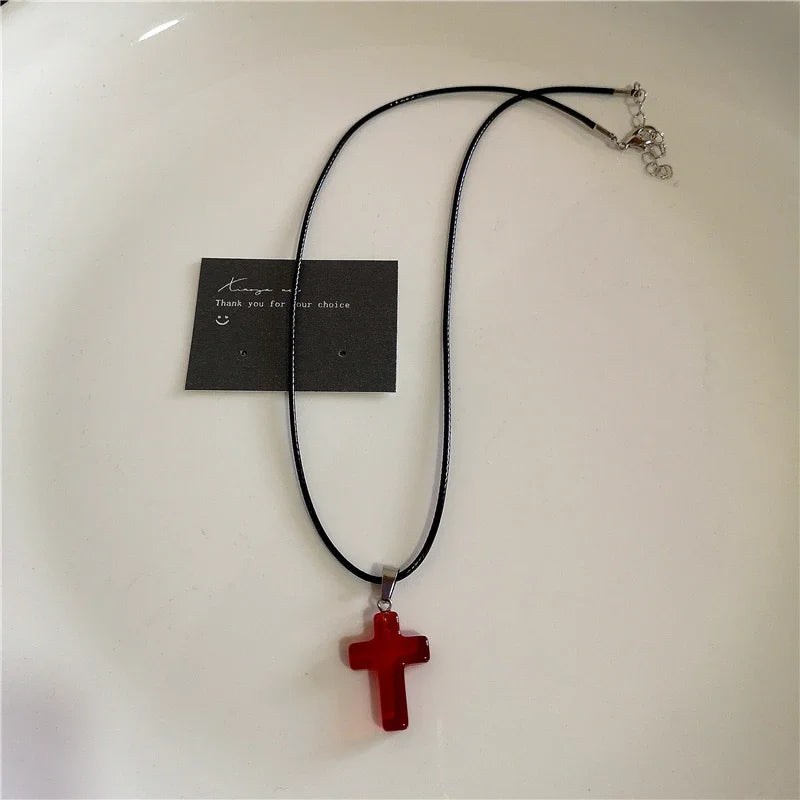 Punk Gothic Red Glass Cross Heart Pendant Pearl Necklace For Women'S Men Hip Hop Y2K 90S Short Choker Charms Jewelry Accessories