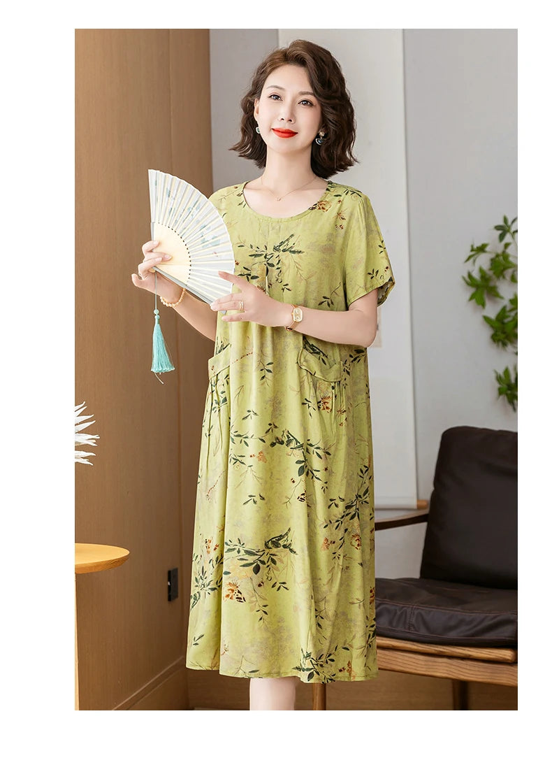 New 2025 Summer Dress Long Vintage Loose Women Elegant Sundress Dress Casual O-neck Dresses Print Plus Size