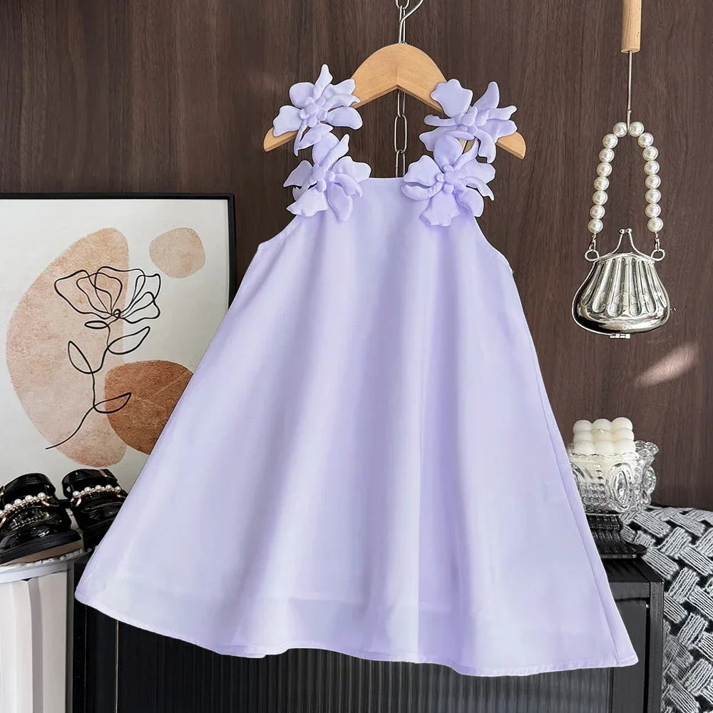 Korean Version 2 3 4 5 6 7-year-old Solid Color Girls' Casual Clothes Summer 3D Flower Princess Dress Fashionable and Elegant