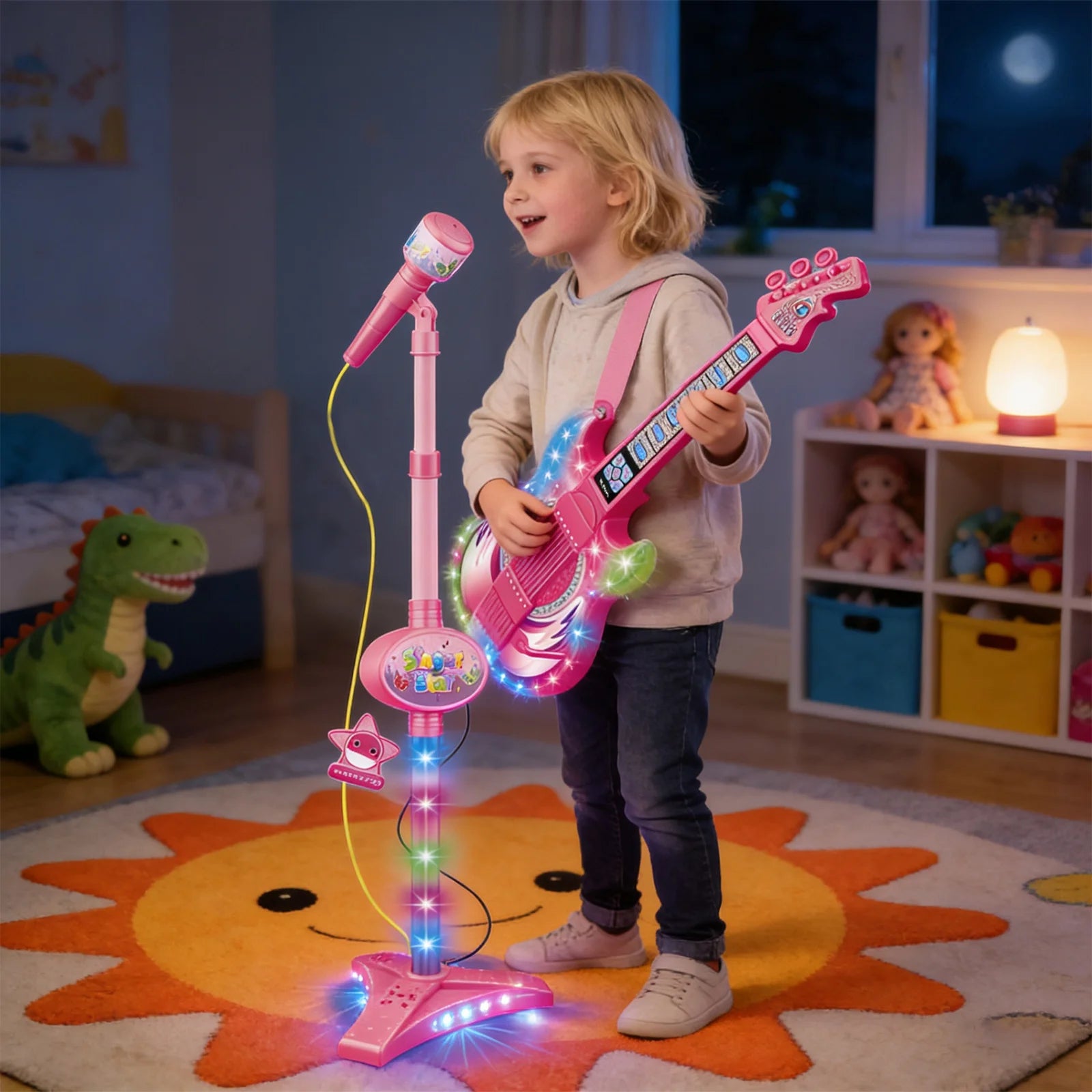 Karaoke Electronic Machine Children's Electric Light Multi-functional Guitar Instrument Set with Microphone Toys for Boys Girls