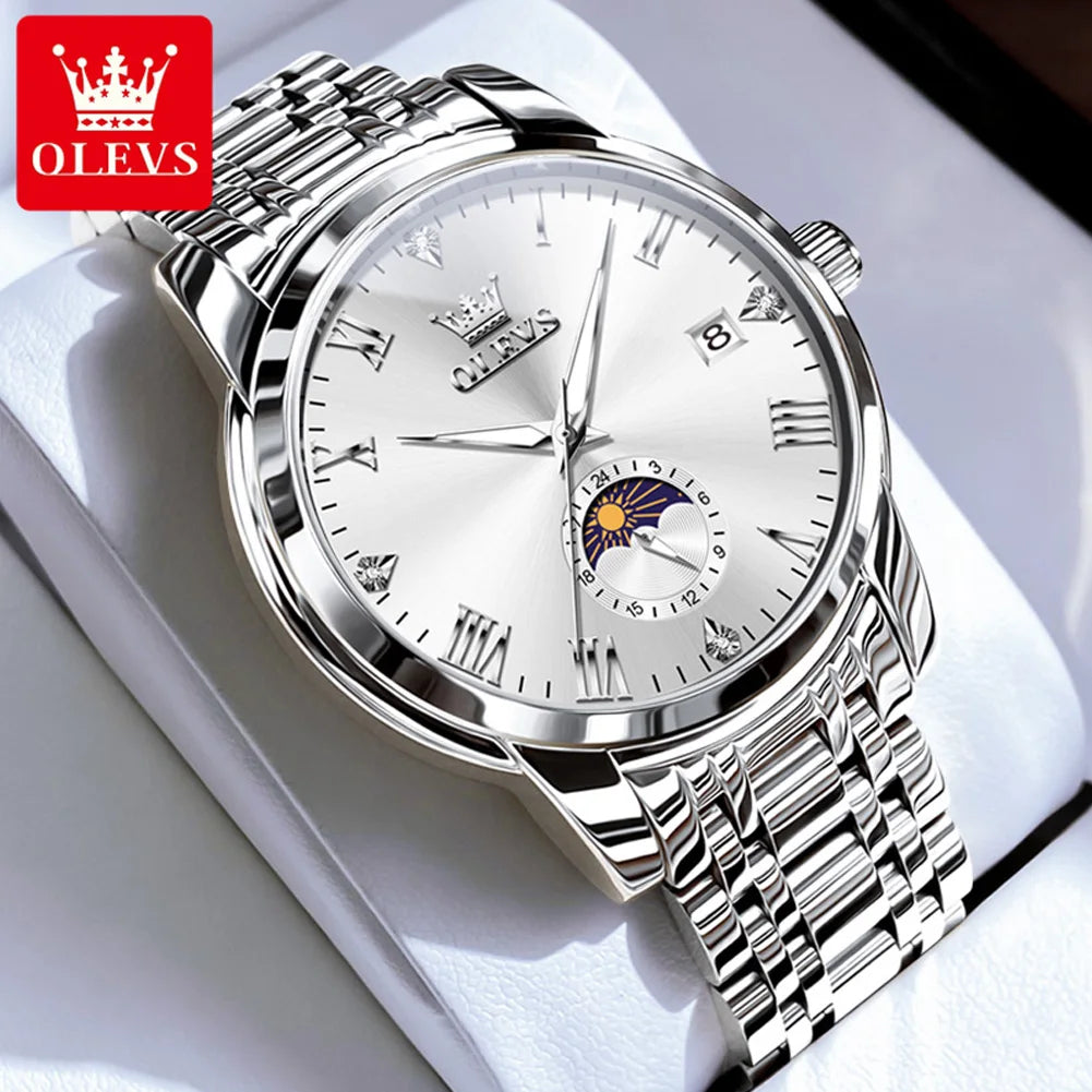 OLEVS 3656 Brand Men's Watches Fashion Original Quartz Watch for Man Waterproof Stainless Steel Luminous Wristwatch Moon Phase