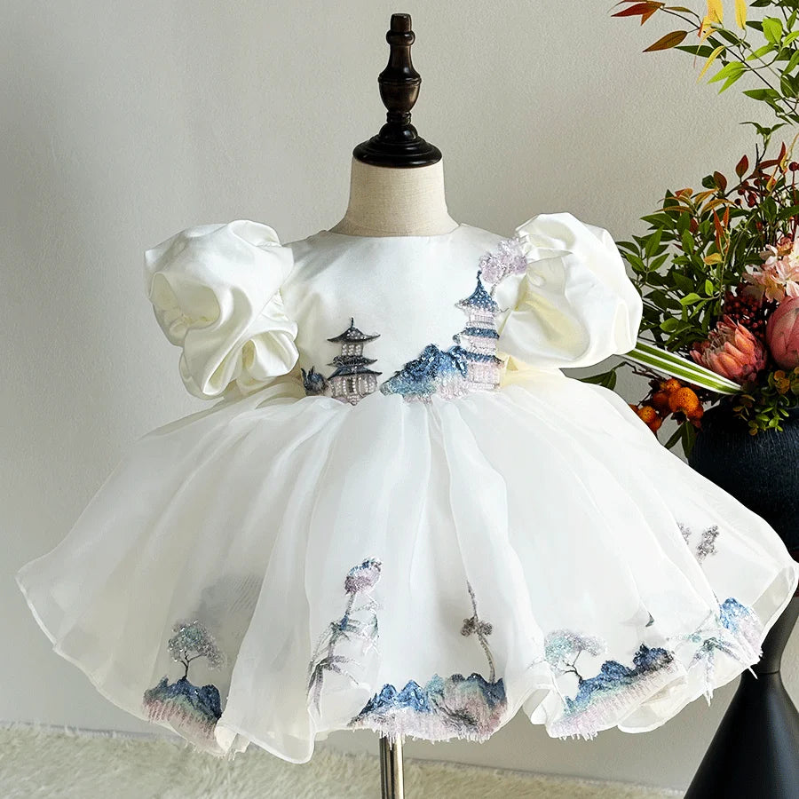 Dreamy Vow D228 Luxury Embroidery Flower Girl Dress Knee Length Princess Kids Gown for Wedding Birthday Festival Party Pageant