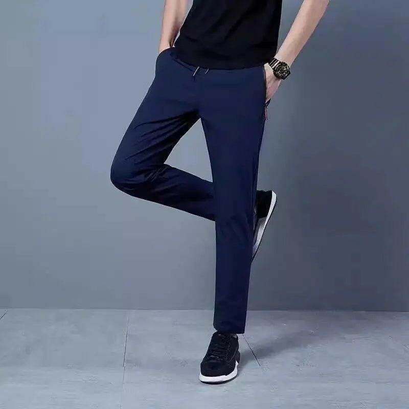 Ice Silk Thin Zipper Pocket Casual Pants Men's Summer Cool Feeling Quick Dry Breathable Straight Leg Long Pants Workwear