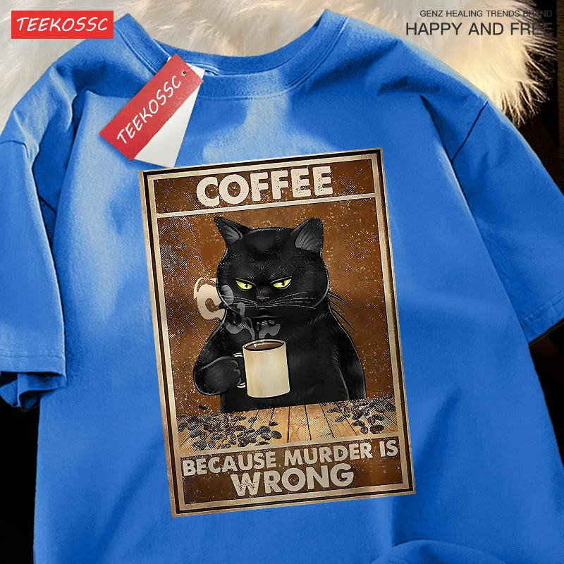 Porque Matar Está Mal Camiseta Unisex Oversize de Algodón Transpirable de Gato Negro Bebiendo Café Ropa Urbana