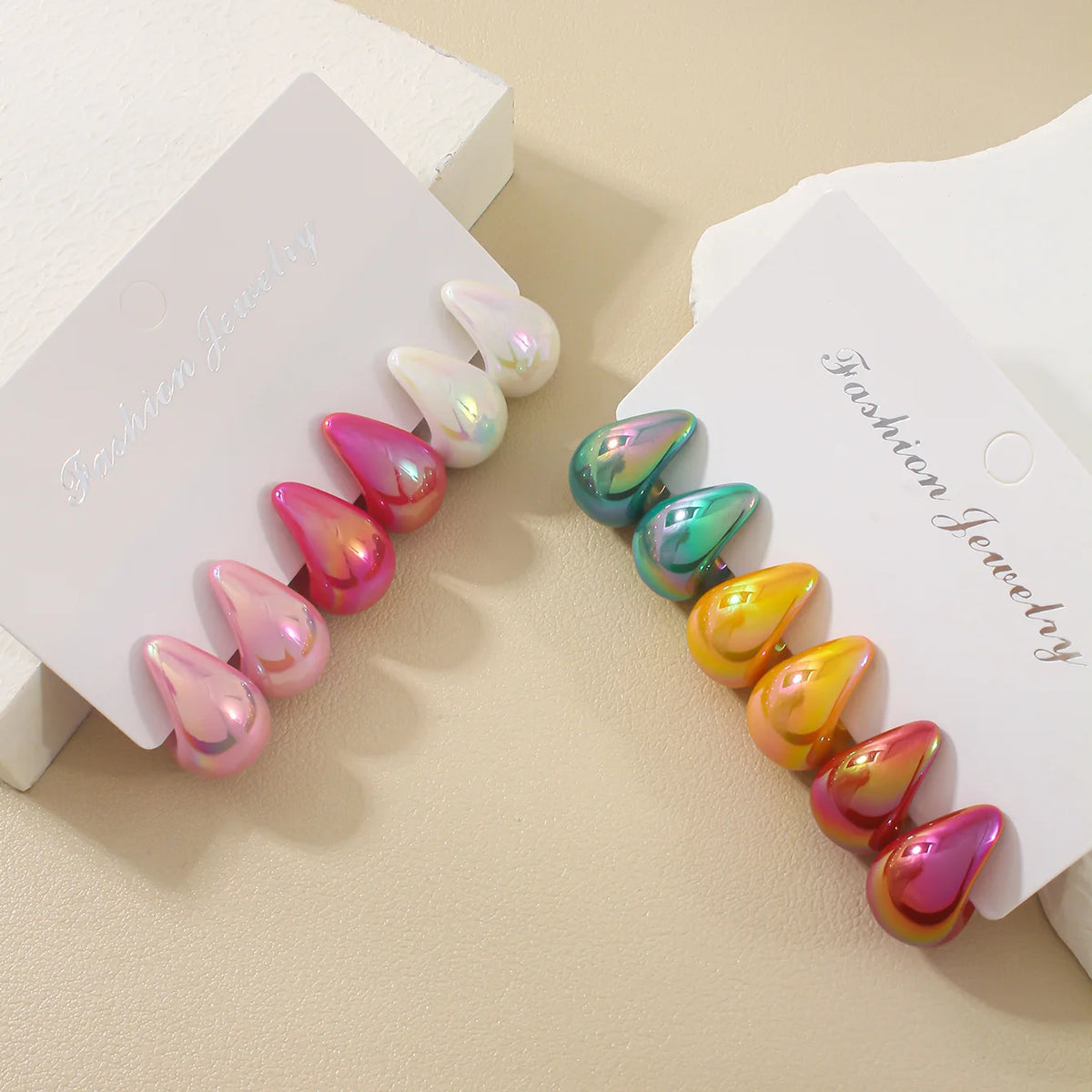 6 Pairs Vintage Water Drop Stud Earrings - Resin Macaron Colors