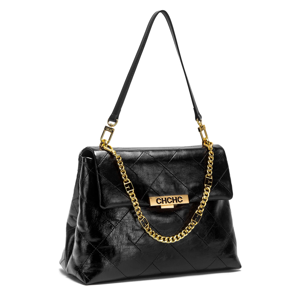 CHCH Women's Tote Bag - Black Faux Leather Diamond Grid Pattern