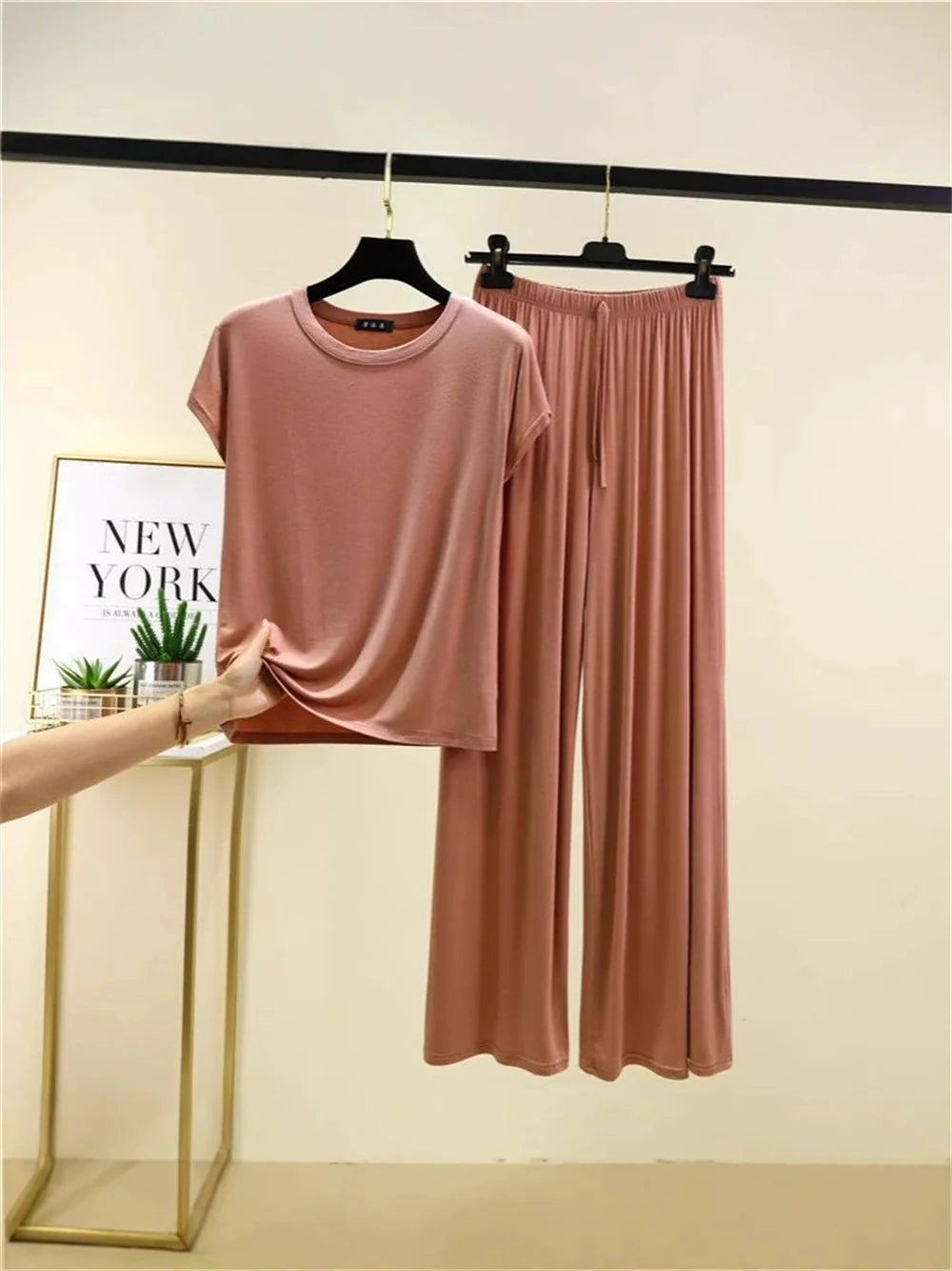 2025 Oversized M to 6XL Short Sleeve Tshirts and Wide leg pants Solid color Summer Modal Pajamas sets Casual homewear 2pcs suit