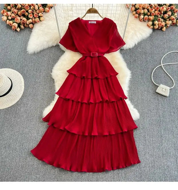 Beach Vaion Vintage Women's V-ne High-waist Cake Dr Ele Aosphere Maxi Skirt Loose Fit ort Sve Ci Commute