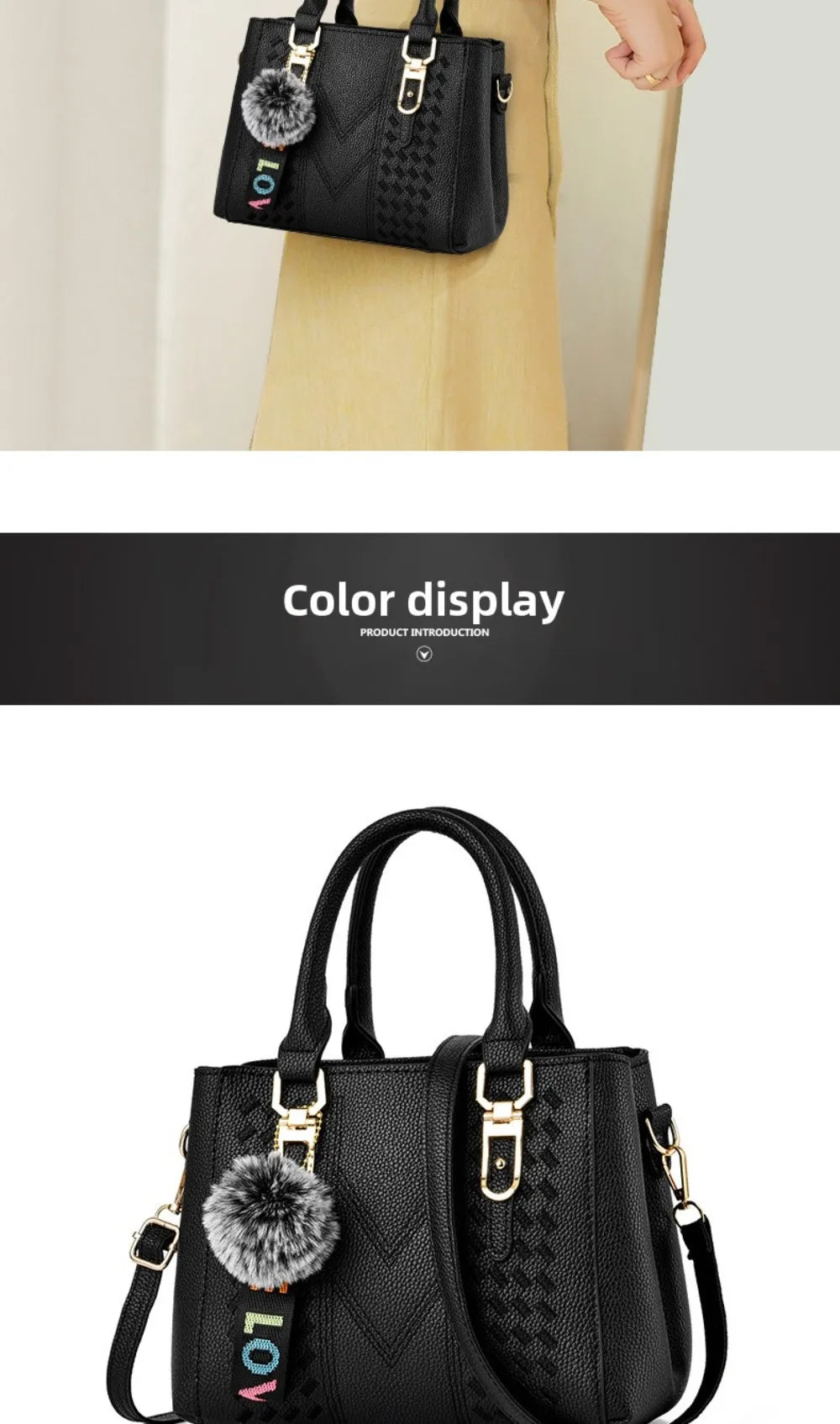 Korea Leather Women Handbag with Keychain Open Pocket Shoulder Bag Large Capacity Casual Messenger Bag Lady