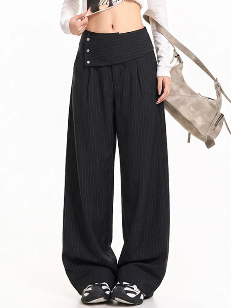 Detachable Skirt Panel Striped Suit Pants Women Turn Up Cuff Tie Waist Straight Wide Leg Trousers Loose Casual Streetwear Pants