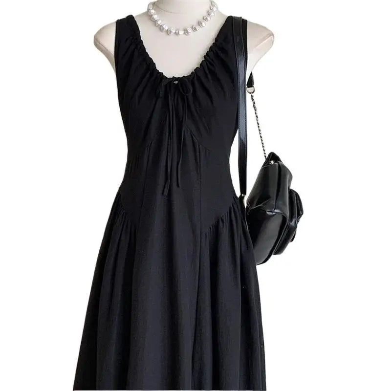 Retro French Style Casual Long Dress Drawstring Sleeveless plus Size 300 Pounds Design Summer New Fashion Dress