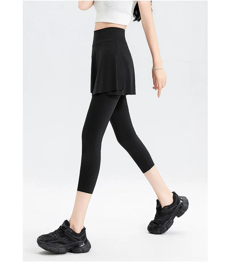 Aiithuug with Pocket Women Tennis Skirted Leggings Capris Yoga Leggings with Skirts Tennis Pickleball Clothing Cropped Leggings