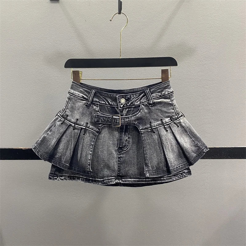 Retro American Denim  Skirt Women's Spring Summer Design Slimming Sexy A-Line Pleated Short Skirt High Waist Cotton Polye...