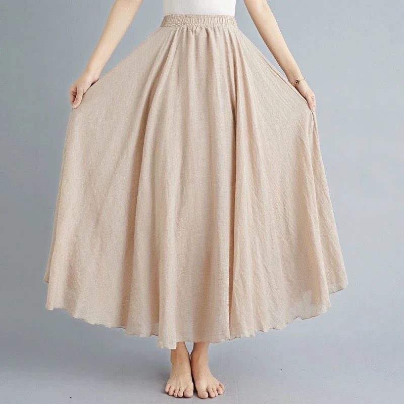 High Quality Cotton Linen Maxi Skirt Women Casual Elastic High Waist Pleated A-Line Beach Skirts Boho Saia Feminina Faldas Jupe
