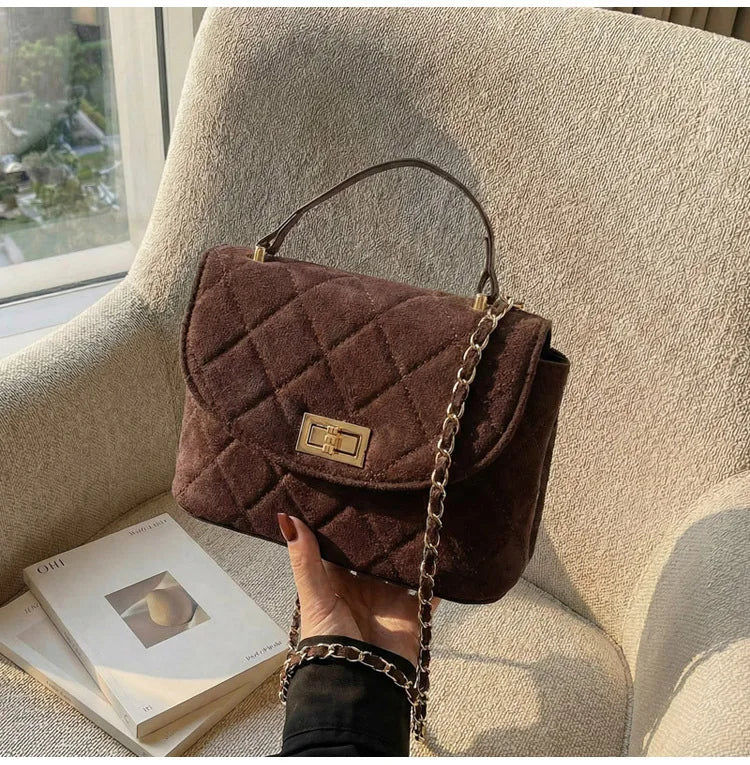Diamond Grid Chain Crossbody Bag One Shoulder Purse Trendy Flip Top Clutch Women's Fashion Suede Leather Casual Shoulder Bag