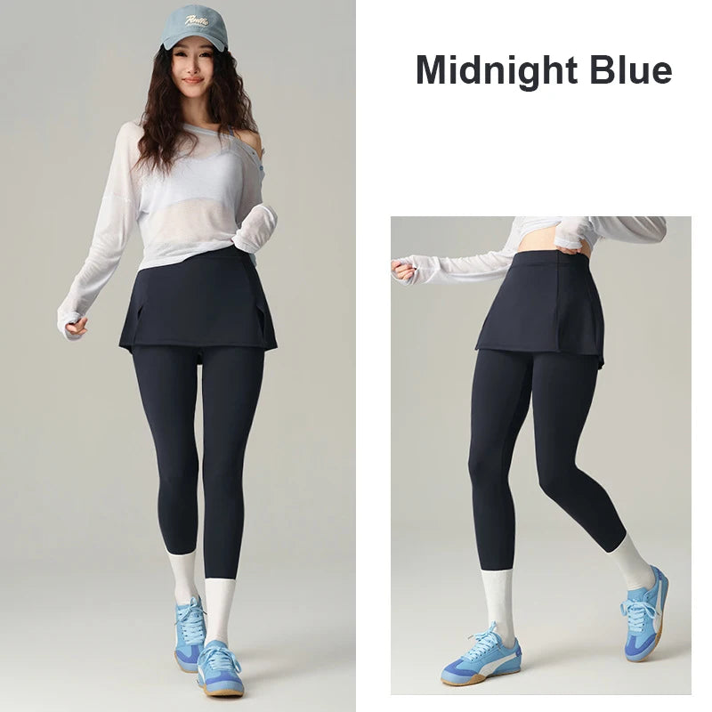 BIVIGAOS Fake Two-Piece Split Skirts Leggings Women Tennis Skirt Built-In Pockets Tight Sports Fitness Yoga Sharkskin Leggings