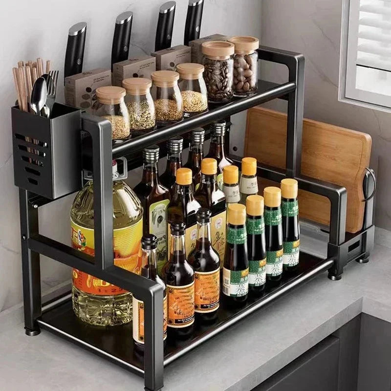 Estante metálico para especias de 2-3 niveles ajustable, organizador de almacenamiento de cocina multifuncional de pie con dispositivo de fijación, soporte para cuchillos