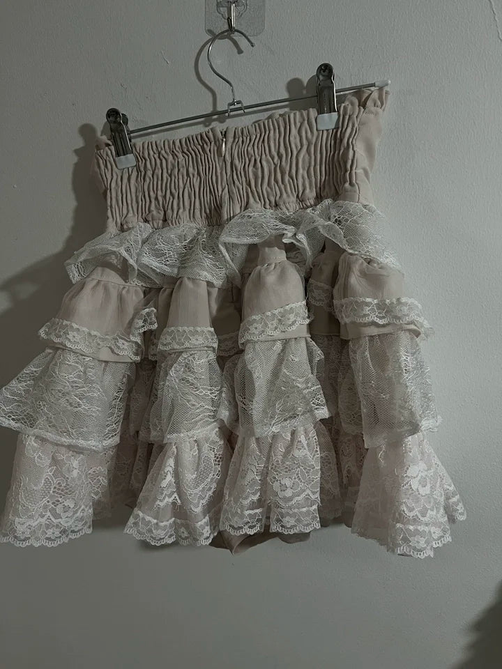 Japanese Lolita Lace Layered Skirt Women Anime High Waist Maid Style Sweet Ruffle Cake Skirt Kawaii Harajuku A-Line Mini Skirt