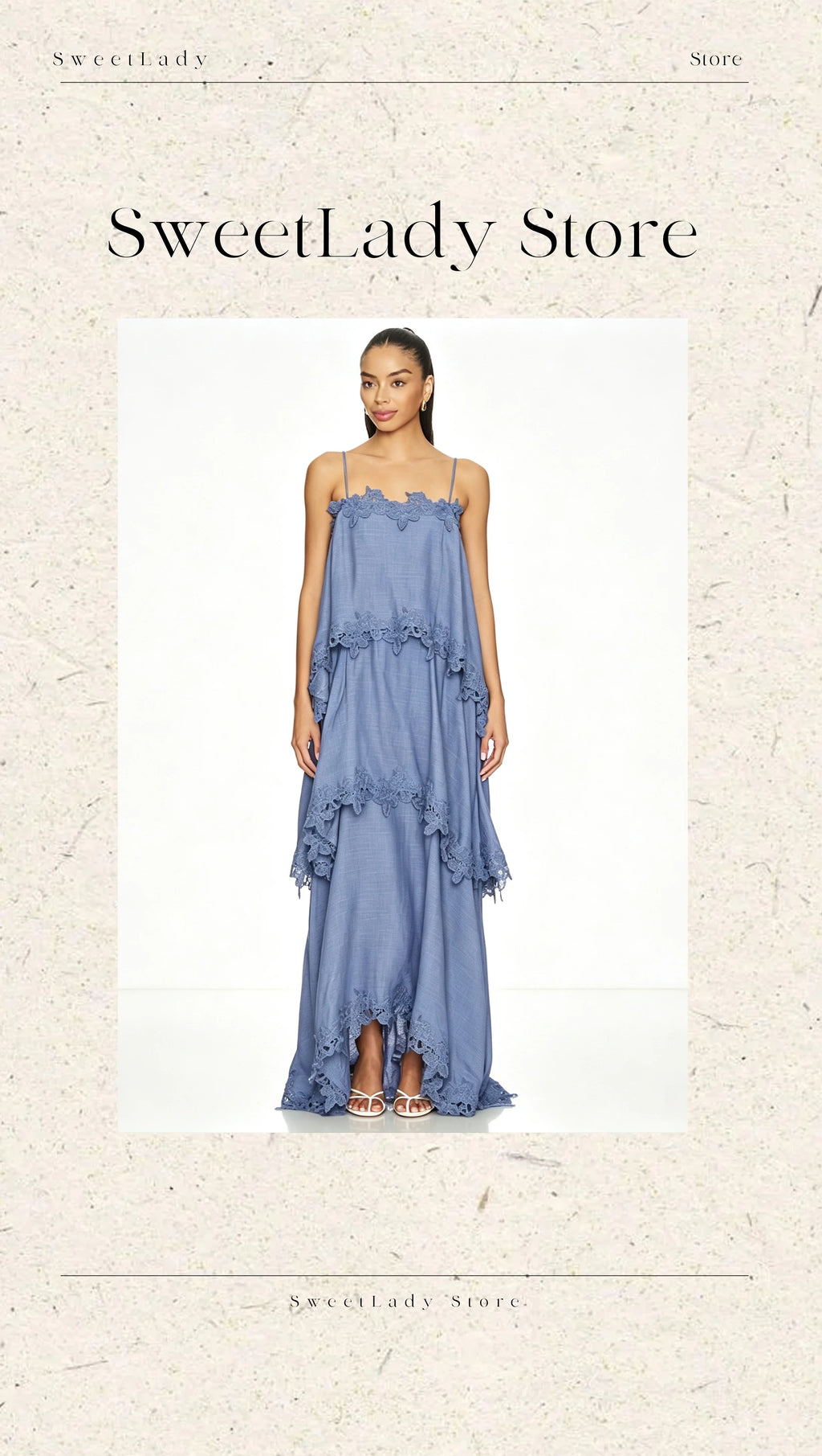 SweetLady Blue Spaghetti Strap Tiered Lace Trim Maxi Gown, Flowy Boho Layered Long Dress for Summer Holiday Bridesmaid