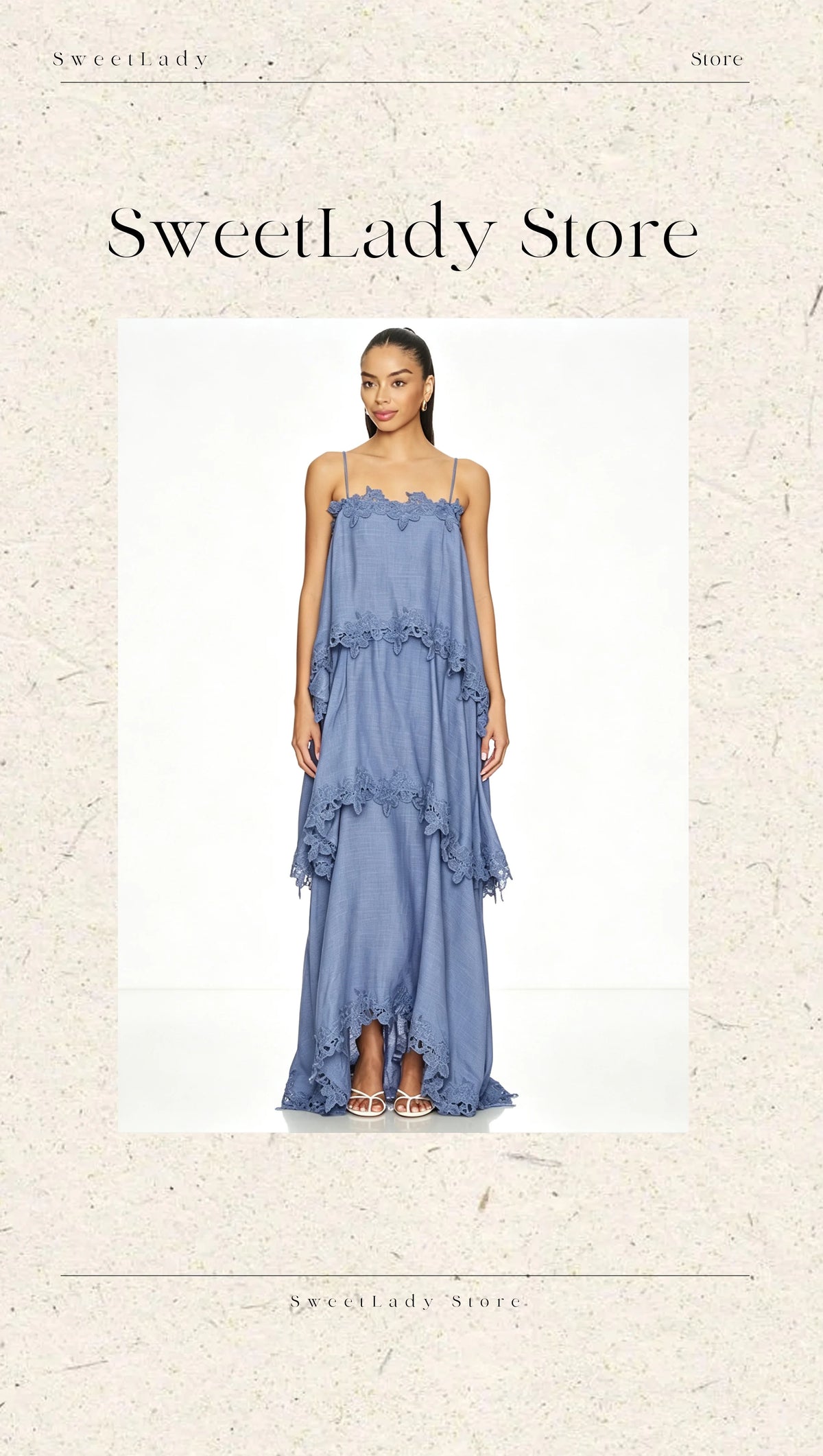 SweetLady Blue Spaghetti Strap Tiered Lace Trim Maxi Gown, Flowy Boho Layered Long Dress for Summer Holiday Bridesmaid