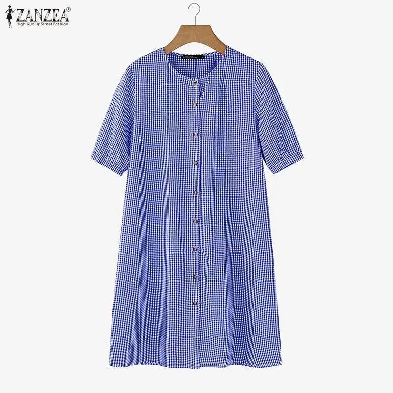 2026 ZANZEA Women Summer Sundress Elegant Short Sleeve Plaid Checked Dress Casual O Neck Work Dresses Baggy Holiday Vestido Robe