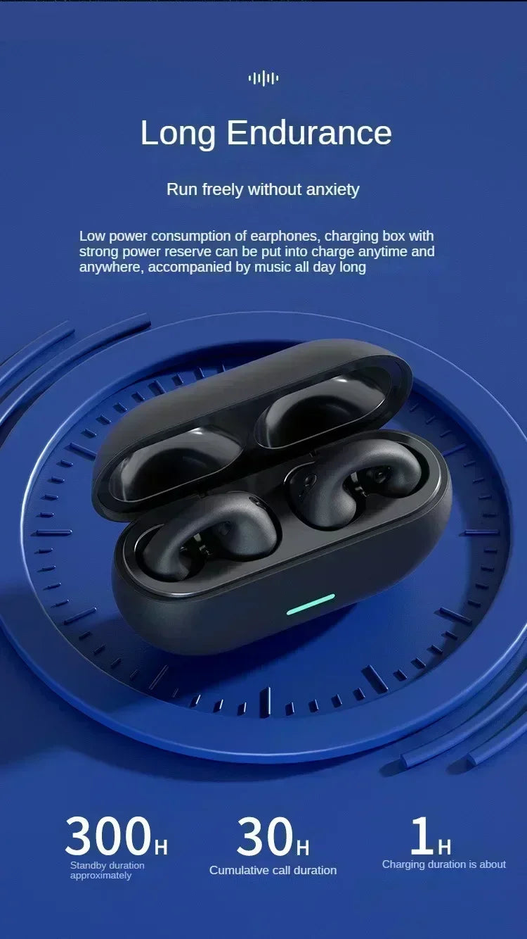 TWS Bluetooth Headset 5.3 Wireless Air Conduction Headphones Clip Ear Music Noise Canceling HD Call Sports Gaming Earphone