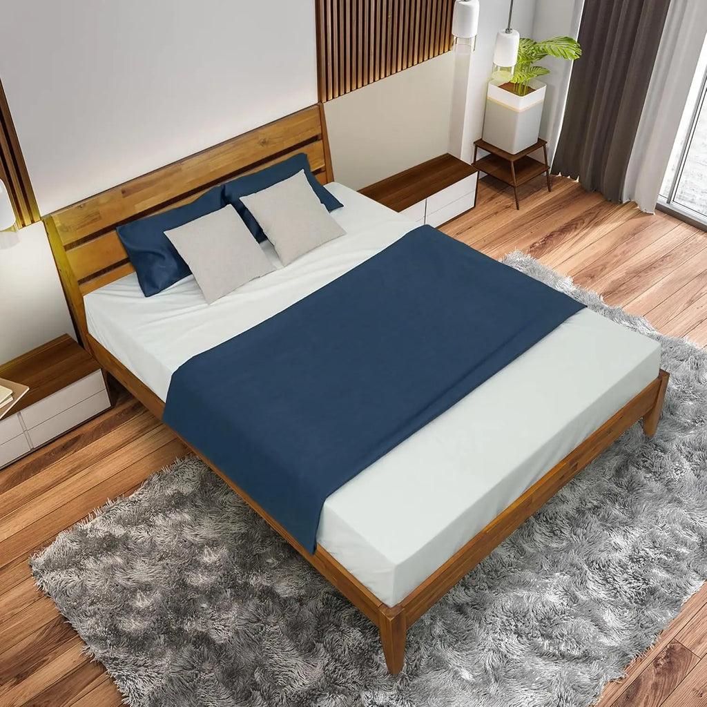 Solid Wood Platform Bed Frame with Headboard King Size Mid-Century Modern Easy Assembly Non-Slip All Mattress Compatible Caramel