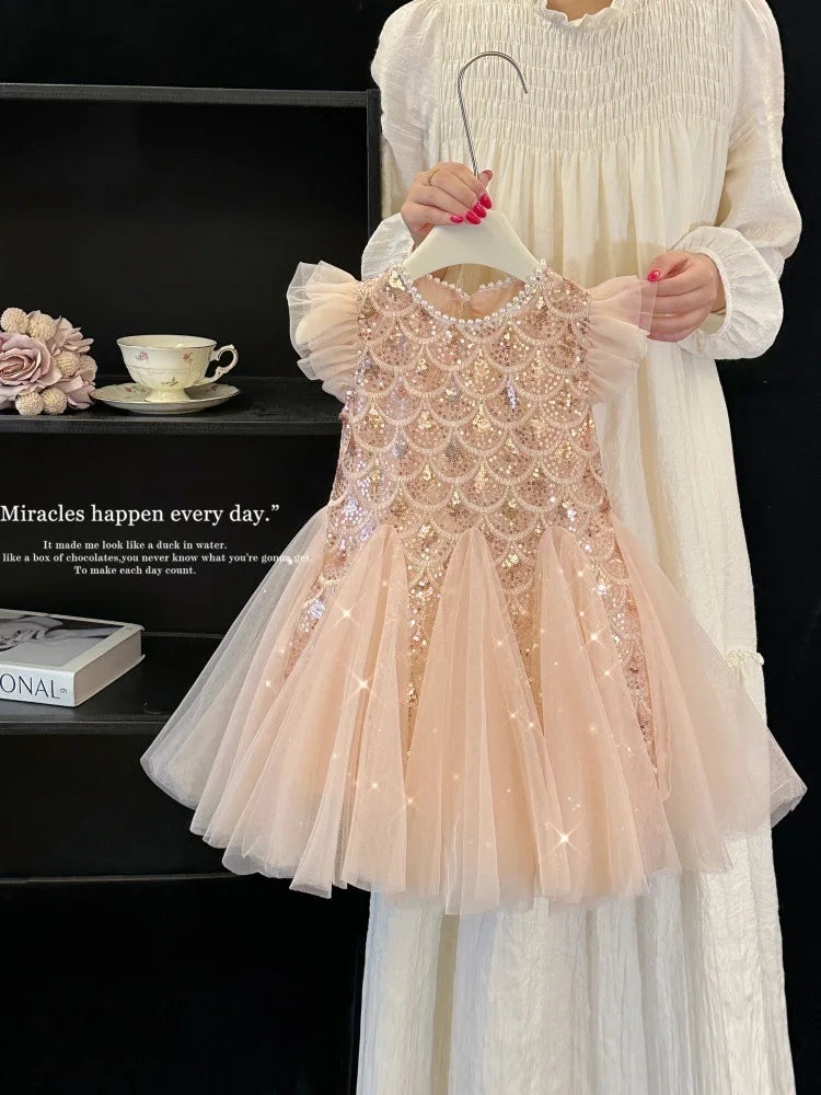 2026 New Summer Party Dresses for Girls Children's Elegant Fashion Mesh Flying Sleeves Sequined Tank Top Princess Skirt S3069