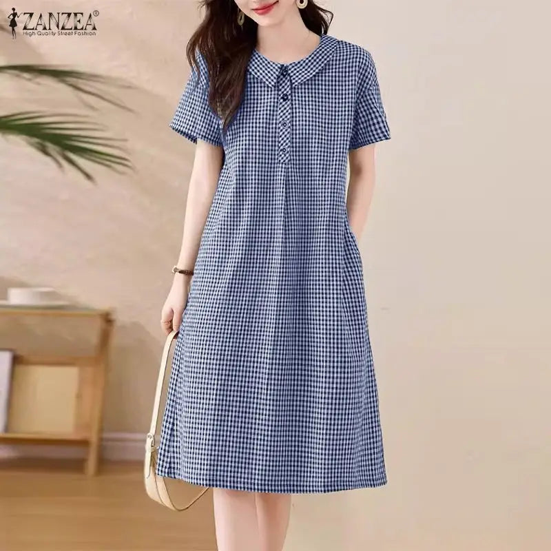 ZANZEA Women's Casual Gingham Short Dresses Turn-Down Collar Half-Button Short Sleeve Knee-Length Dress Summer Robes Femme