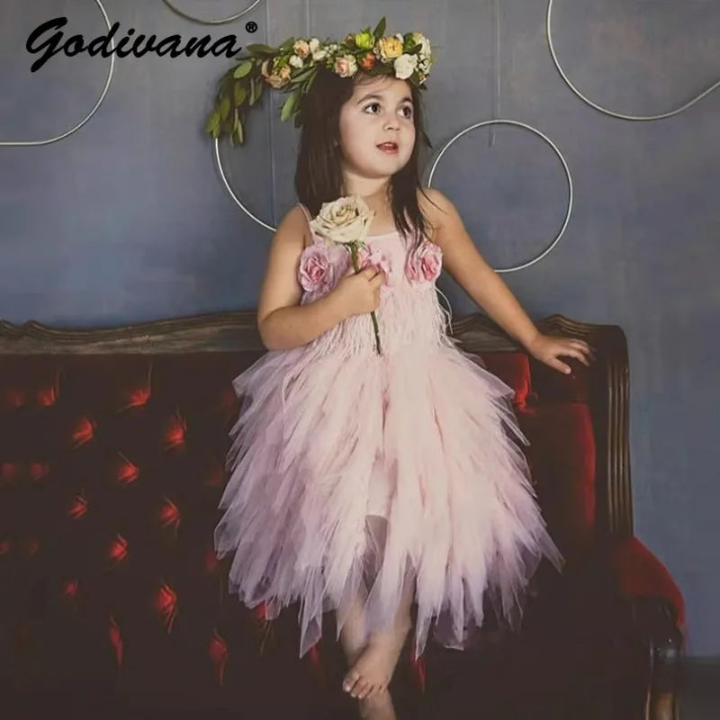 High-end Girls Tutu Dress 2026 New Summer Kids Sequin Flower Feather Slip Dresses Little Girls Princess Performance Dress