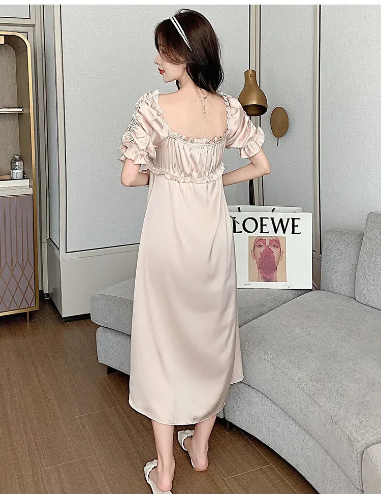 Satin Long Nightgown Women Sweet Lovely French Sleepwear Retro Silk Short Sleeve Sleepshirt Ladies Fashion Nightdress Home Dress
