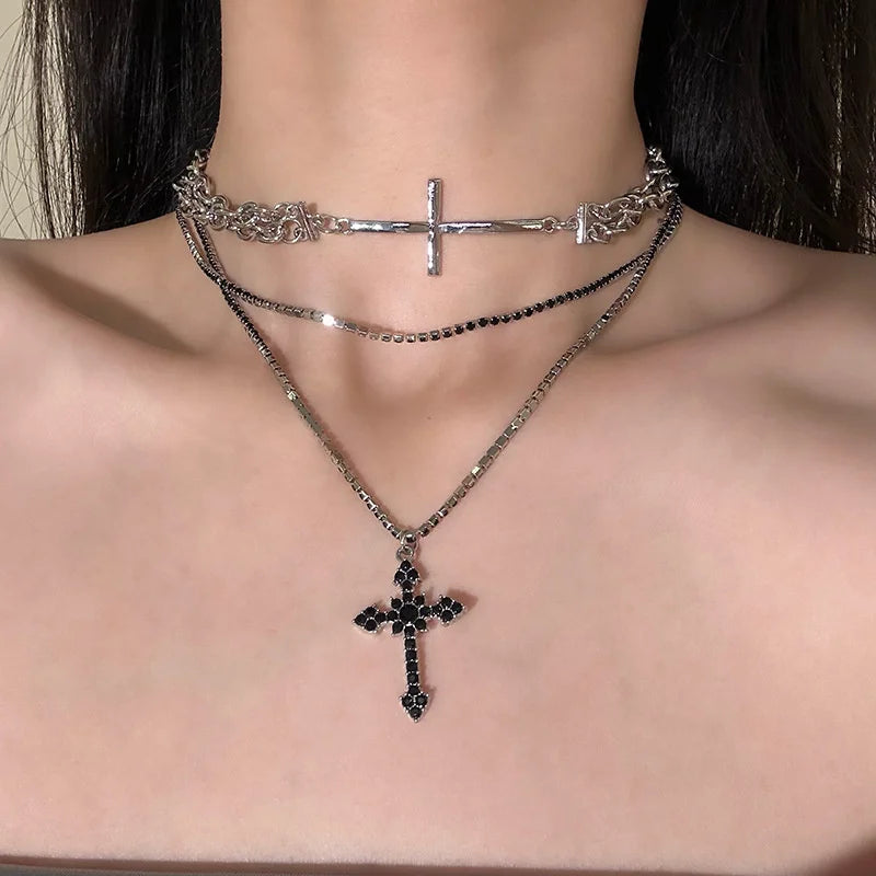Gothic Cross Shape Multi-Layer Chain Necklace For Men Women Black Zirconia Stone Personalized Style Party And Daily Wear
