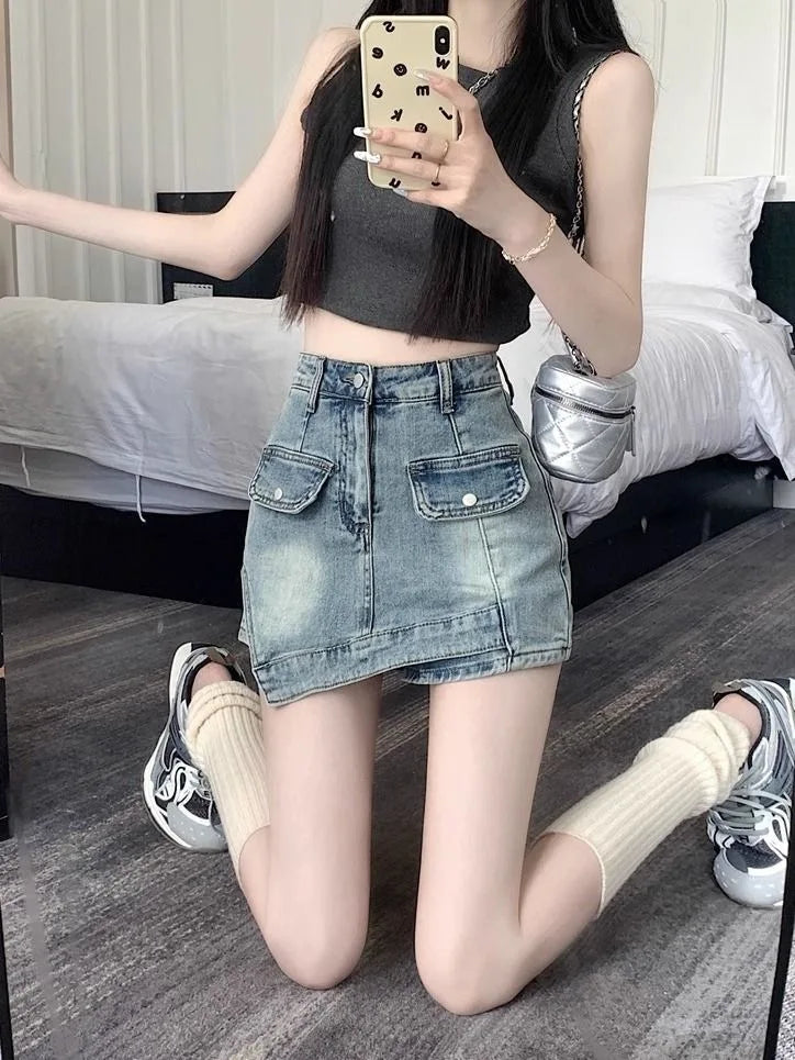 Retro Spicy Girl Uneven Denim Mini Skirt High Waist Slim Fit Women's Summer New Style Short Skirt Bodycon Skirt New Style