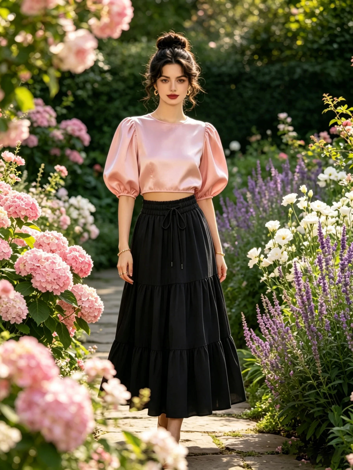 High-Waisted Drawstring A-Line Midi Skirt