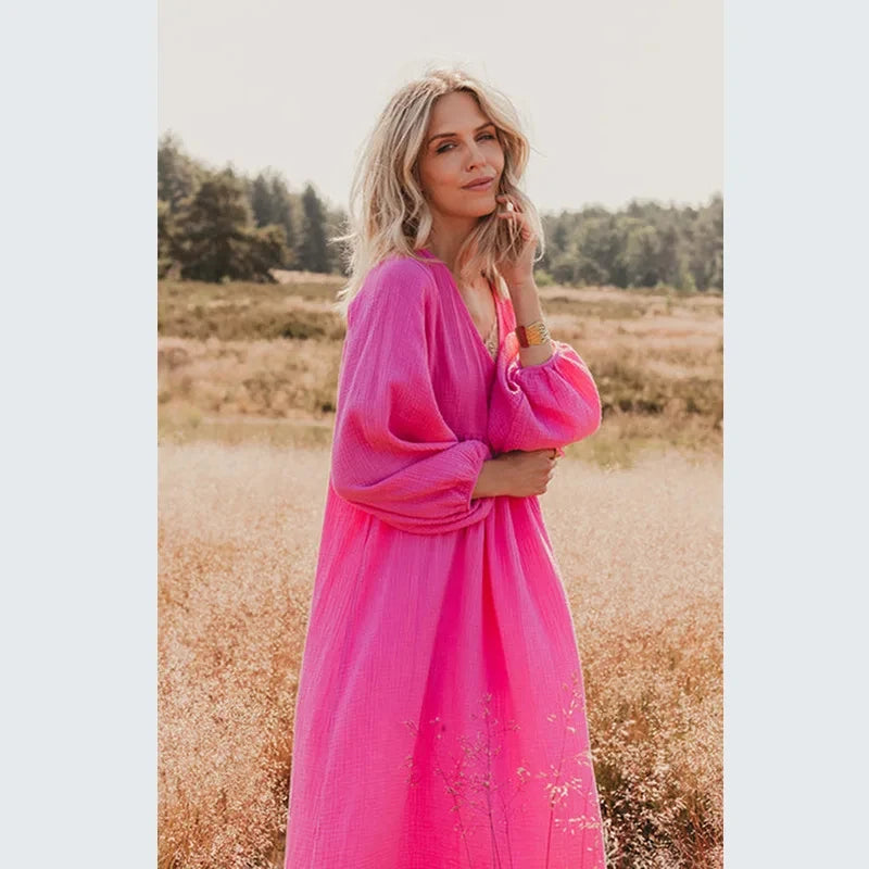 100% Cotton Gauze Muslin Night Dress For Women Sexy V-Neck Long Sleeve Maxi Party Birthday Dress Beach Boho Sundress
