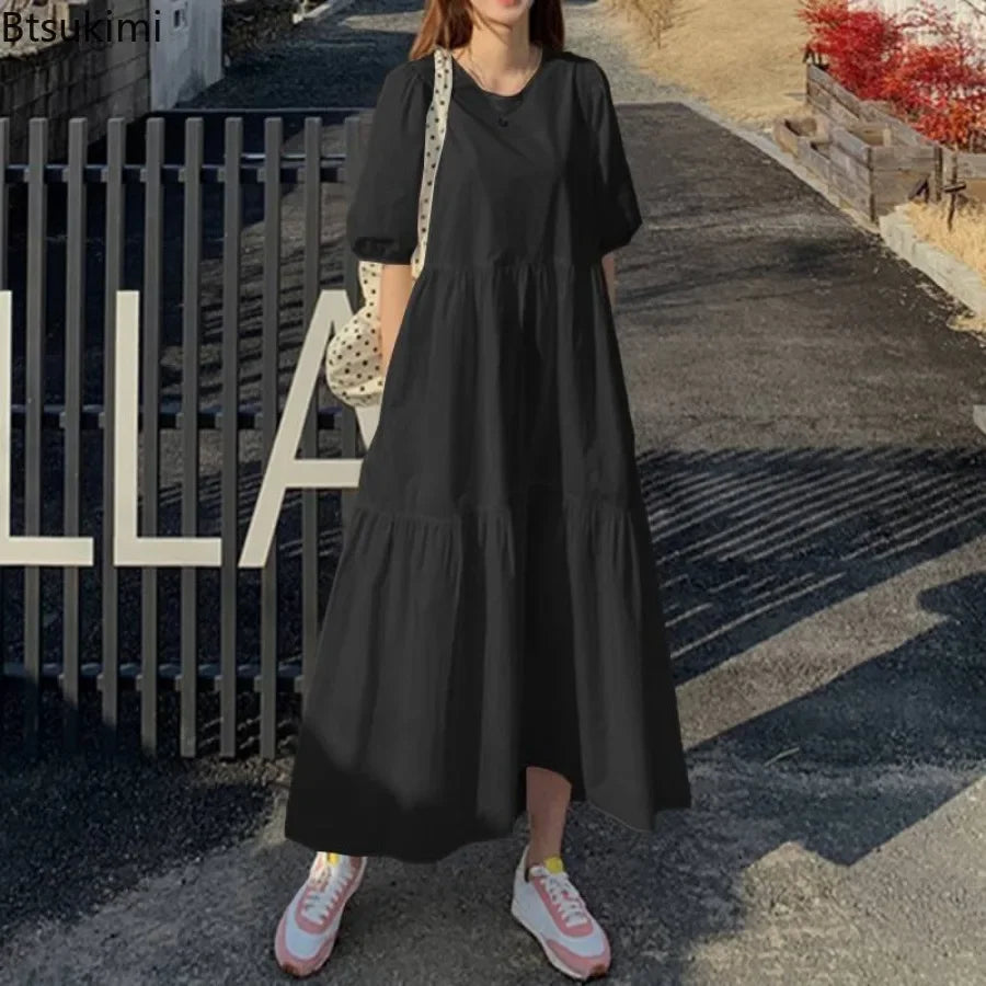 2026 Fashion Puff Short Sleeve Dress for Women Summer Solid Casual Sundress Comfort Cotton Maxi Dress Modest Robe Vestidos Femme
