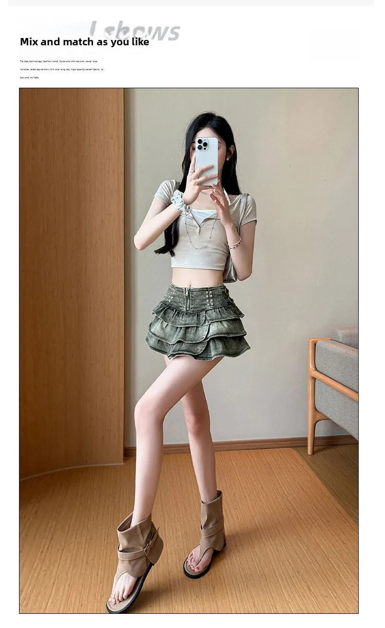 American Style Spicy Girl Design Elastic Denim Cake Short Skirt Women's Summer Pure Desire High Waist Slimming Pleated  S...