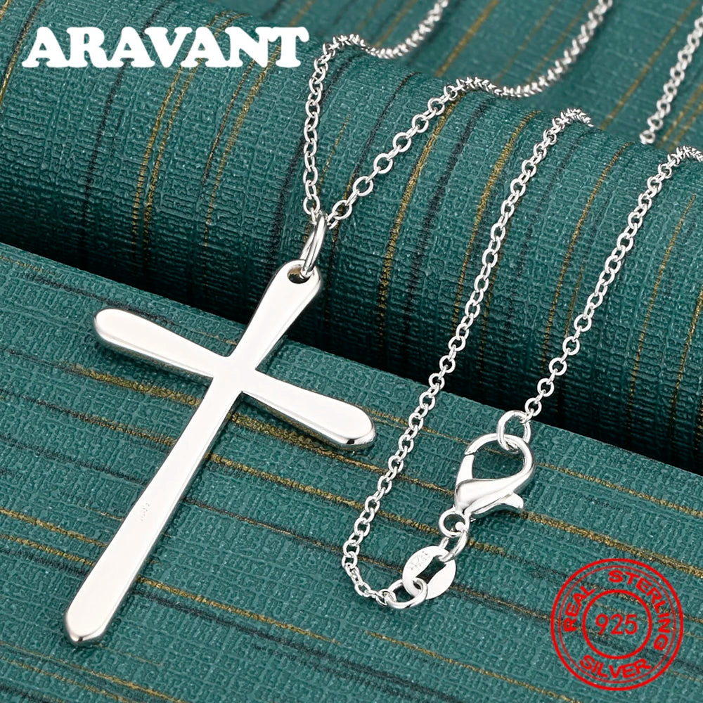 Sterling Silver Cross Pendant Necklace 925 Polished Large Cross Elegant Bridal Jewelry For Women