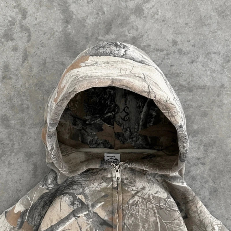 America Retro Zip up Hoodie Men Camouflage Pattern zipper Sweatshirt High Street Hip HopStreetwear Oversized Unisex Camo Hoodie