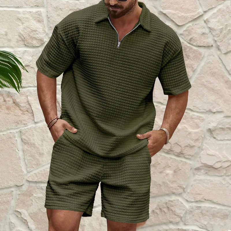 Mens Plaid Lapel Summer Breathable Sports Suit Set Short Sleeve Top And Shorts For Youth Men